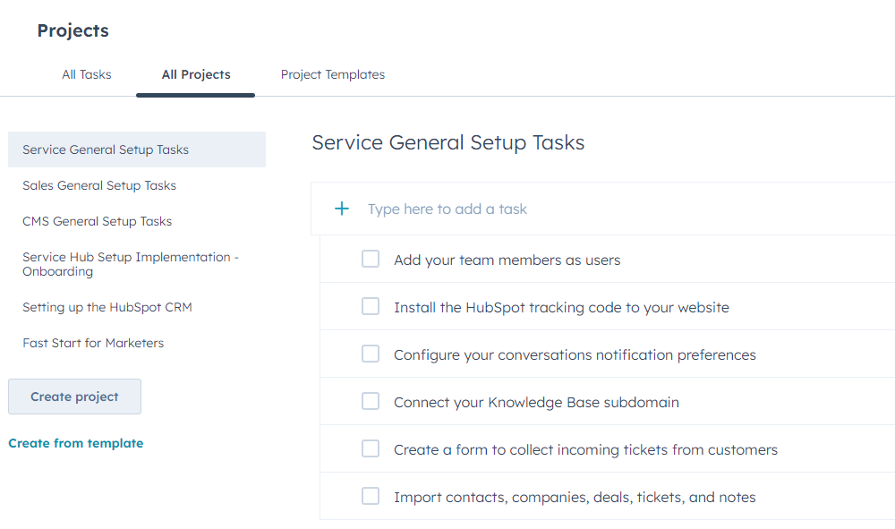 Screenshot of General Setup Tasks for HubSpot